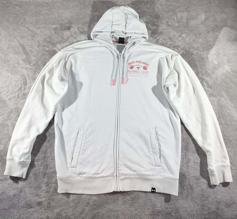 Under Armour Iron Paradise Barbell Club Size XL White Full Zip Hoodie Jacket